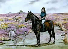 Watercolours Painting of horse and rider. Titled  Di & Friend